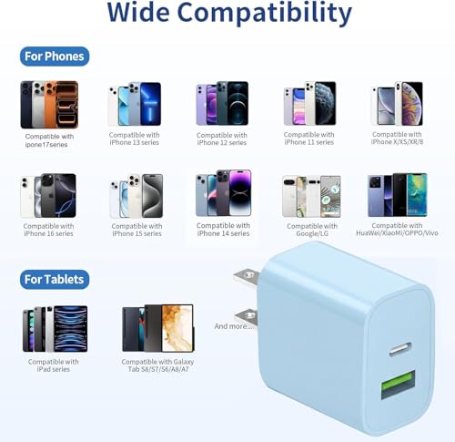 4 Pack USB C Charger Block,20W USB-C & USB-A Port Charger，for i Phone 17/16/15/14/13/12/11/X/8, i Pad and More，Blue - color: 4p blue