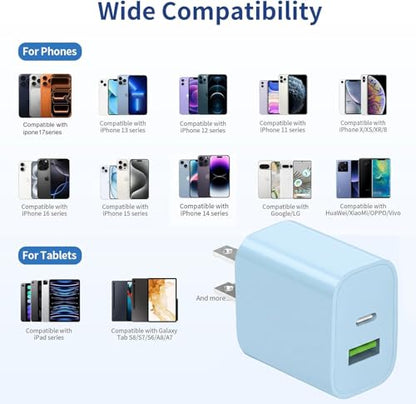 4 Pack USB C Charger Block,20W USB-C & USB-A Port Charger，for i Phone 17/16/15/14/13/12/11/X/8, i Pad and More，Blue - color: 4p blue