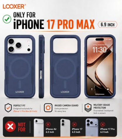 LOOXER® Heavy Duty Rugged Magnetic Case for iPhone 17 Pro Max (6.9”) | Military Grade Shockproof Protection,MagSafe Compatible+ Tempered Glass Included (Blue,17 Pro Max) - color: Blue, size: 17 Pro Max