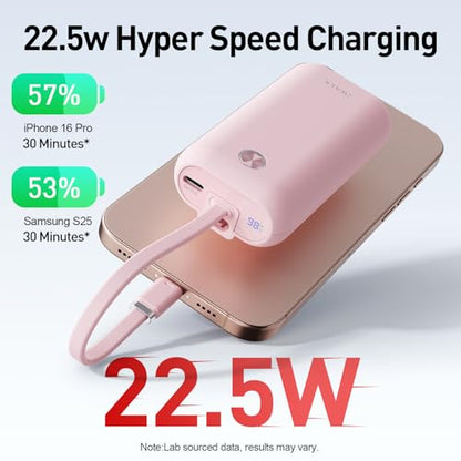 iWALK Mini Portable Charger 10,000mAh, 22.5W USB-C Fast Charging Power Bank with Built-in Cable, Travel Essential Ultra-Small Battery Pack Compatible for iPhone 17/16/16 Pro/15, Samsung, Google, Pink - color: Pink 22.5W