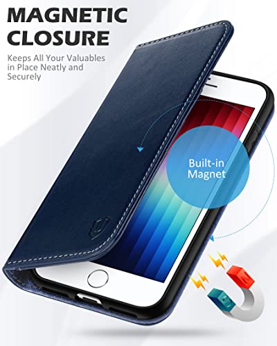 SHIELDON Leather Case Wallet for iPhone iPhone SE3/SE2/8/7, Retro Dark Blue | Genuine Leather, Folio Magnetic Closure, RFID Blocking, Credit Card Holder, Kickstand, Shock Absorbing Protective Cover - color: Dark Blue - Retro