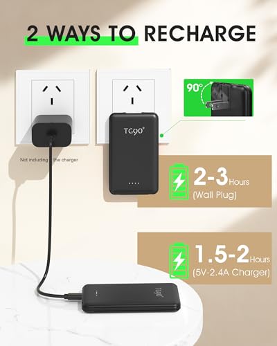 TG90° 5000mah Ultra Slim Power Bank Built-in AC Plug & 2 Cables,Black - color: Black
