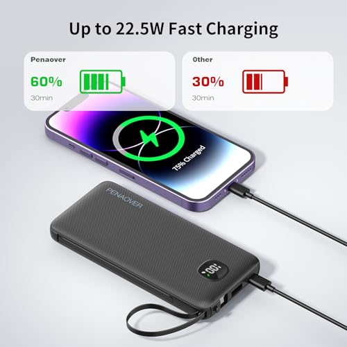 Portable Charger 10000mAh 22.5W Power Bank,Built-in 3 Cables & AC Wall Plug - color: Space Black