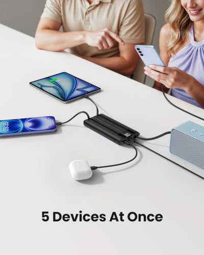 Portable Charger with Built-in Cables, Slim 10000mAh Power Bank with USB C, Travel Essentials External Battery Pack 5 Outputs 2 Inputs LED Display Compatible with iPhone/Android & More(Black) - color: Black