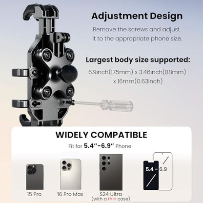 Motorcycle Phone Mount Holder with Vibration Dampener Anti-Shake 720° Adjustable for iPhone 16 Pro Max for Samsung 5.4''-6.9'' Phone Anti-Theft Dirt Bikes(Clamp Base 0.47-1.77" Handlebar) - style: Clamp Base