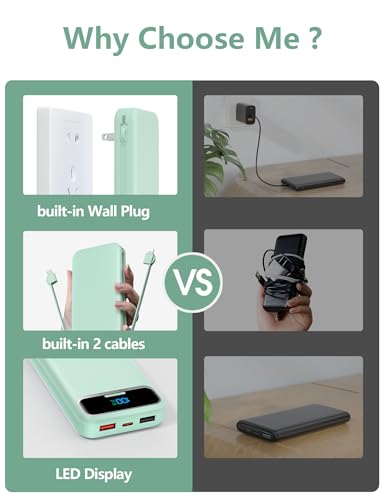 aonidi Portable Charger 12000mAh with Built-in Cables&AC Wall Plug, Green - color: Green