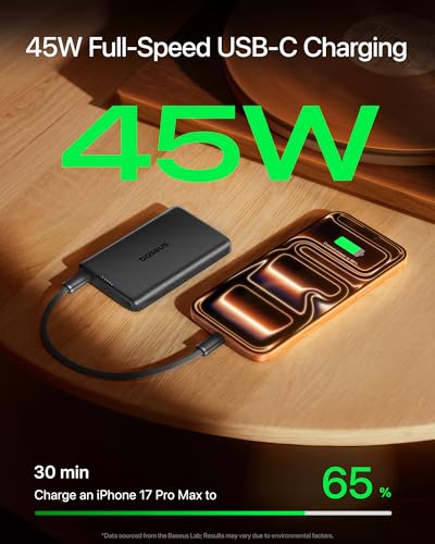 Baseus Picogo AM52 MagSafe Power Bank, Qi2.2 25W 10,000mAh Magnetic Portable Charger, 0.6" Slim 45W USB-C Fast Charging Alloy Wireless Battery Pack, Travel Essential for iPhone 17/16/15/14/13/12 Only - color: Black