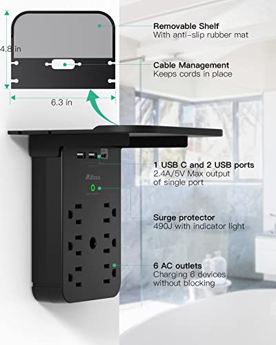 Wall Outlet Extender with Shelf, Surge Protector 6 AC Multi Plug Outlet - color: Black, size: 3 USB