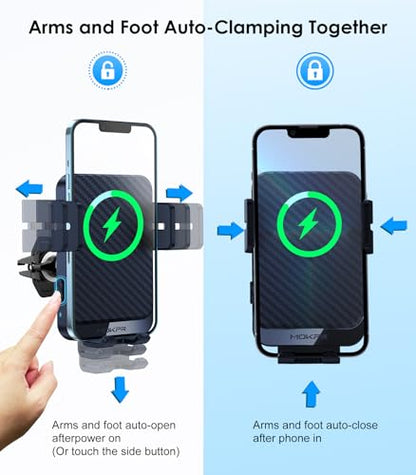 Wireless Car Charger 15W Fast Charging Auto-Clamping Air Vent Phone Mount - color: Royal blue