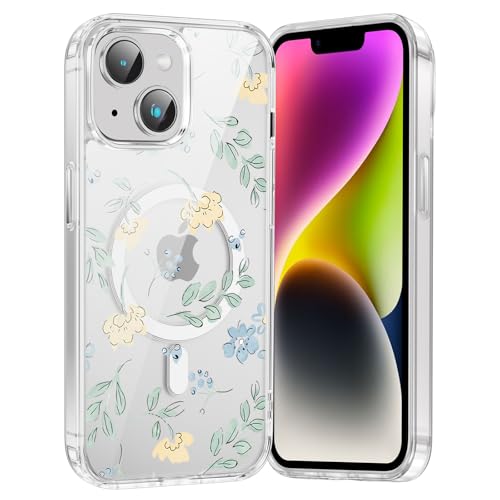 for iPhone 13/14 Magnetic Case Cute Clear Flower Pattern Case, Aesthetic Spring Floral for Girls Women, Soft TPU Clear Slim Anti-Drop Shockproof Protective Phone Cover - Orange Flower - color: Blue Flower, size: iPhone 13/14