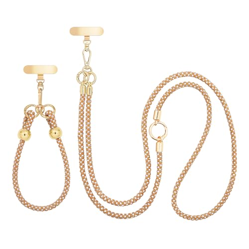 Crystal Phone Strap Crossbody and Wrist Lanyard, Anti Theft Layered & Wrist Strap Cell Phone Neck for Women - color: Light Brown