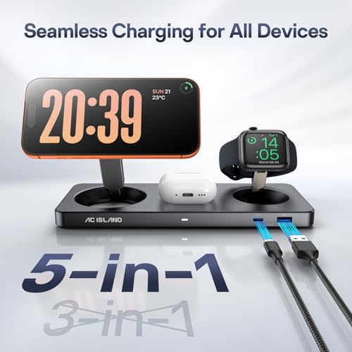 AC ISLAND 5-in-1 Wireless Charger for MagSafe, 25W Foldable Magnetic Stand - color: Gray