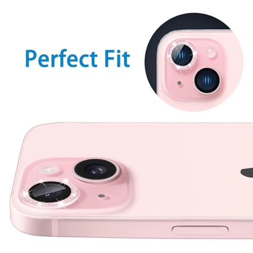 Compatible with iPhone 15 & 15 Plus Camera Lens Protector, Bling Glitter 9H Tempered Glass Camera Cover Anti Scratch Shockproof Screen Protector Individual Metal Lens Ring - 2PCS Glitter Pink - color: Pink Glitter