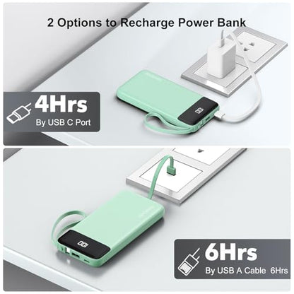 Portable Charger Built-in Cables,10000mAh Fast Charge Power Bank for iPhone - color: Green