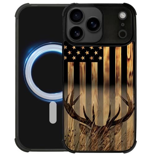 DJSOK Case for iPhone 17 Pro Max,Compatible with MagSafe,Anti-Scratch Shockproof Case,Wood Grain American Flag Buck Hunter Deer - color: Wood Grain American Flag Buck Hunter Deer, size: IPhone 17 Pro Max