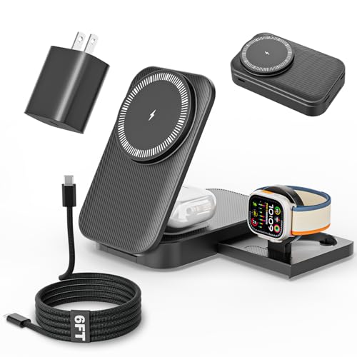 3 in 1 Magnetic Wireless Charger iPhone Charging Station,25W Mag-Safe Charger for iPhone with 35W USBC Fast Charging Block iPhone 6FT USBC-C Woven Cord for iPhone 17/16/15 Pro/Pro Max/14/13/12/AirPods