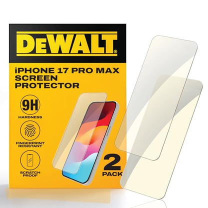 DEWALT Heavy Duty Glass Screen Protector for iPhone 17 Pro Max, 2 Pack - size: iPhone 17 Pro Max