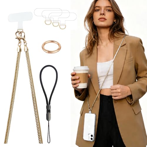 Crossbody Phone Strap Detachable CellPhone Lanyard Chain Shoulder Neck with Wrist Strap Charm Finger Grip 3 Patches Tether Anti Theft Universal for iPhone 17 16 Pro Max 15 14 13 Samsung Gold - color: S-gold