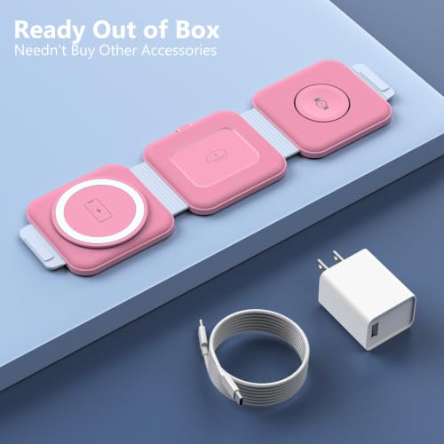 Travel Charger for Samsung Multi Devices, Foldable 3 in 1 Wireless Charging Station Fast Charging Stand/Pad Compatible for Samsung Galaxy S26/S25/S24/S23/Note20 Galaxy Watch8/7/6/Galaxy Buds4(Pink - color: Pink