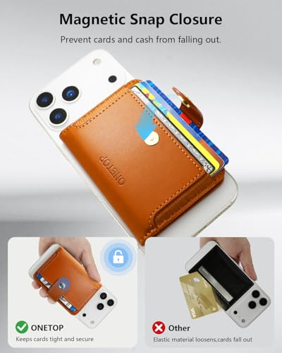 ONETOP for MagSafe Wallet,Magnetic Phone Wallet with 5 Card Slots,Brown | 1-12 Cards/Cash Holder for iPhone 17/16/15/14/13/12 Series,Detachable Wallet Stick-On Back,PU Leather RFID Blocking Kickstand - color: Brown