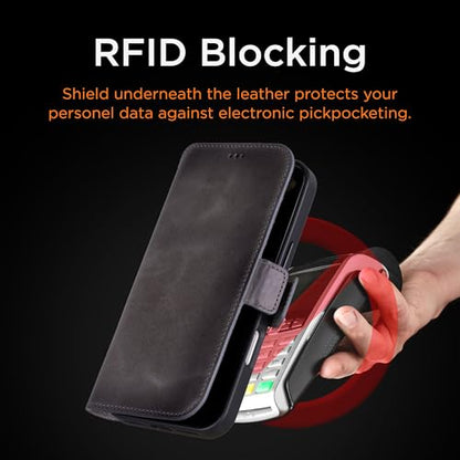 Bayelon Leather Folio Case for iPhone 17 Pro 6.3", Flip Cover Card Holder, Genuine Leather Case, Folio Wallet Case, MagSafe Compatible Shockproof Flip Cover, Rfid Blocking -Smoked Black - color: Smoked Black, size: iPhone 17 Pro