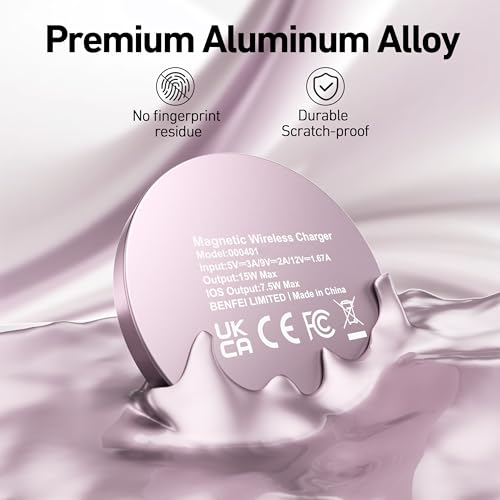 BENFEI Magnetic Wireless Charger Compatible with MagSafe for iPhone 17/16/15/14/13/12, Aluminum, up to 7.5W, 1.5m Cable - color: Pink