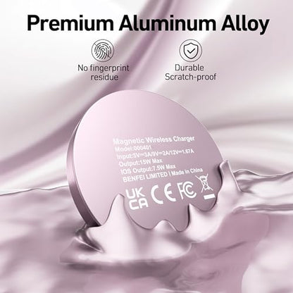 BENFEI Magnetic Wireless Charger Compatible with MagSafe for iPhone 17/16/15/14/13/12, Aluminum, up to 7.5W, 1.5m Cable - color: Pink