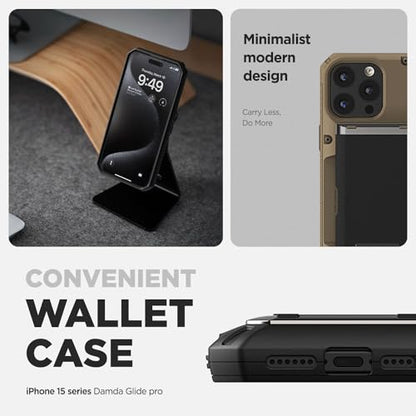 VRS DESIGN Compatible with iPhone 15 Pro Max Case with Card Holder [Damda Glide Pro], Sturdy Semi Auto 4-Card Slot, High Durability & Style Designed for iPhone 15 Pro Max (2023) Groove Khaki - color: Khaki, size: iPhone 15 Pro Max