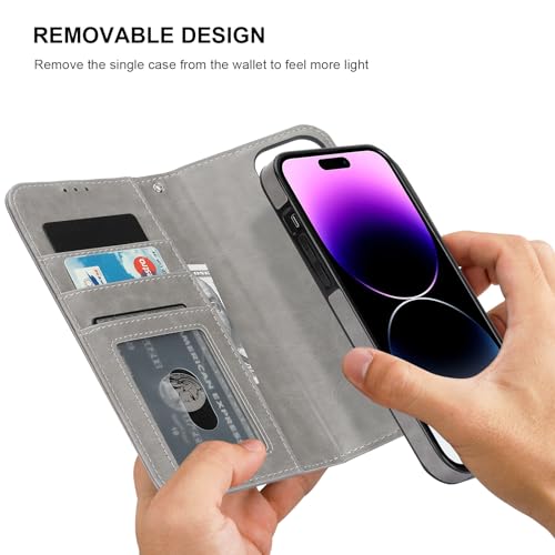 Bocasal Detachable Wallet Case Card Holder for iPhone 14 Pro Max Grey | RFID Blocking Kickstand Card Slots Holder PU Leather Magnetic Shockproof Wrist Strap Removable Flip Protective Cover 6.7 inch - color: Gray