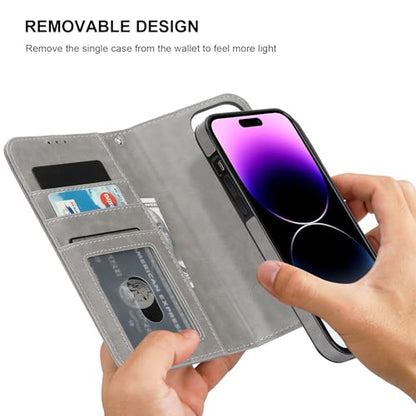 Bocasal Detachable Wallet Case Card Holder for iPhone 14 Pro Max Grey | RFID Blocking Kickstand Card Slots Holder PU Leather Magnetic Shockproof Wrist Strap Removable Flip Protective Cover 6.7 inch - color: Gray