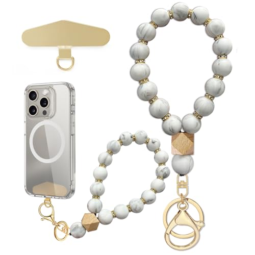 Silicone Beaded Phone Wrist Strap, Phone Bracelet Strap with Tether Tab Elastic Hands Free Wristlet Strap - color: Resin White