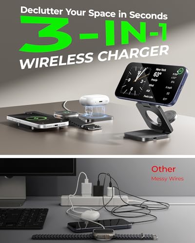 3 in 1 Charging Station for Apple - Qi2.2 25W Magnetic Wireless Charger for iPhone 18/17/16-12, Apple Watch, AirPods, Travel Fast Charging Foldable Stand with 45W GaN Adapter, Aluminum Alloy Design - color: Stellar Gray