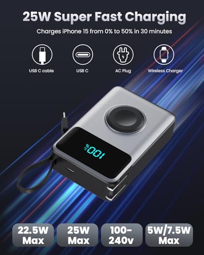 4-in-1 Portable Charger With Built-in Wall Plug&USB-C Cables,10800mAh Power Bank with iWatch Charger,QC4.0+PD 25W Fast Charging Battery Pack,Travel Essentials for iPhone 17/16,Apple Watch,Android etc - color: Black Silver