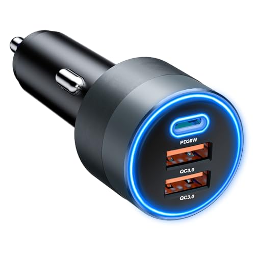 USB C Car Charger for iPhone 16, 66W Car Cigarette Lighter Adapter USB Fast Car Charger PD 30W+Dual QC3.0 [Metal Shell] [Ambient Light] for iPhone 16 15 14 13 Pro Max Samsung Galaxy Note Google Pixel
