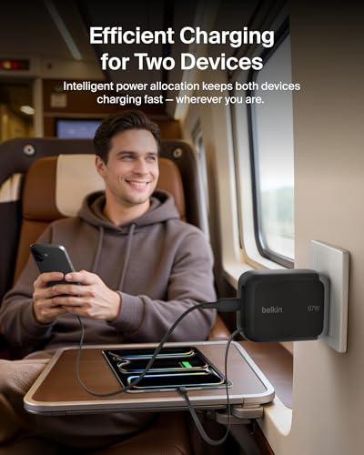 Belkin 67W GaN USB C Retractable Charger Block Fast Charging for Travel - color: Black, style: 67W