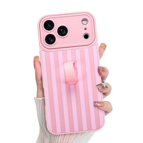 KANGHAR Compatible with iPhone 17 Pro Max Case 2025 Stripes -Pink | Silicone Cute Pattern, Wristband Kickstand Camera Protection Soft Slim Cover for Girls Women - color: Pink-Stripes, size: iPhone 17 Pro Max