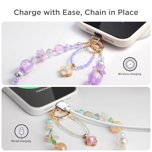 POSADINA Phone Charm for Women, Anti-Theft Beaded Wrist Strap & Lanyard, Hands-Free Chain with Tether Tab - color: Lilac Shimmer
