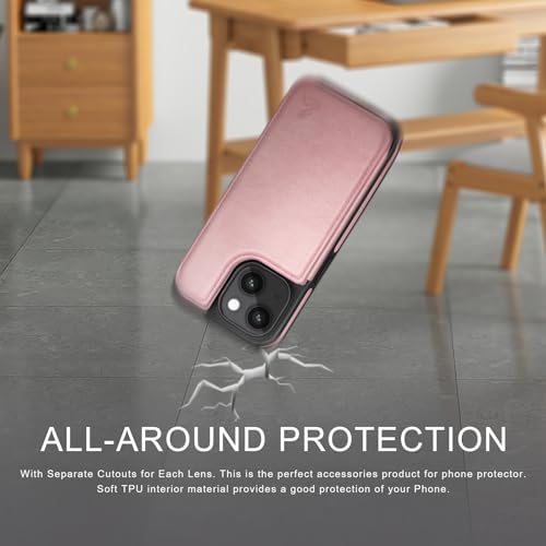 DJDUCK Designed for iPhone 15 Case Wallet with Card Holder, [Magnetic Clasp Cover] [RFID Blocking Leather Protection] Shockproof Women Men Cases 6.1 Inch for Apple 15 Rose Gold - color: Rose Gold
