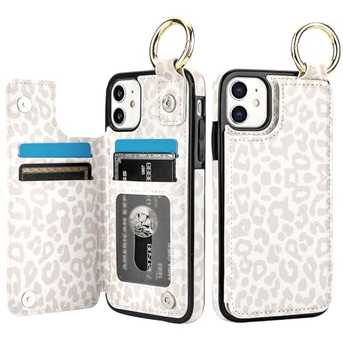 HAOPINSH for iPhone 11 Wallet Case with Card Holder, White Leopard Cheetah Print Back Flip Folio PU Leather Kickstand Card Slots Case, Finger Grip Ring Double Magnetic Clasp Shockproof 6.1" - color: White Leopard Grip Ring