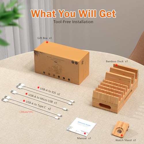 Pezin & Hulin Bamboo Charging Station with 5 Cables-Natural Bamboo - color: Dock Stand +Cables