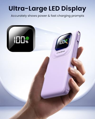 Portable Charger with Built-in Cables,22.5W Super Fast Charging Power Bank Slim Phone Charger,10000mAh Travel Battery Pack Battery Bank with Smart LED Display for iPhone, Android & USB-C (Purple) - color: Purple