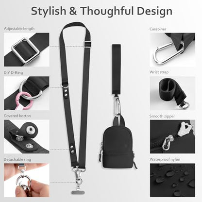 Clip and Go Strap for Phone with Wallet Crossbody Cell Phone Lanyard Suitable for Keys Bank Cards Headphones - color: Black