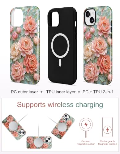 Magnetic Flower Phone Case for iPhone 15, Pink Peony | Compatible with MagSafe, Cute Stained Glass Floral Aesthetic Design, TPU and PC Protective Shockproof Cover - color: Pink Peony