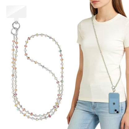 WOZEAH Crystal Cell Phone Lanyard Crossbody Strap for Women, Beaded Phone Strap for Cellphone Case with Tether Tab - color: Iridescent Square Crystal