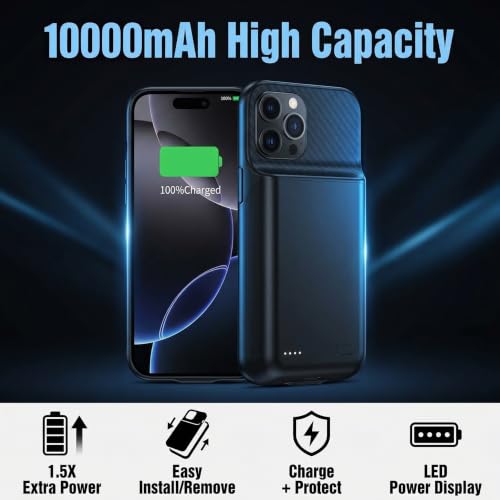 Battery Case for iPhone 16 Pro Max, 10000mAh Rechargeable Charging Case with LED Power Display, Black - size: For iPhone 16PM