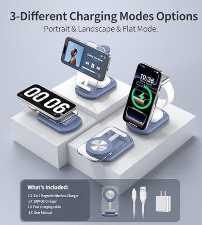 Mukiya 3 in 1 Magnetic Wireless Charging Station for Apple Devices - color: Blue