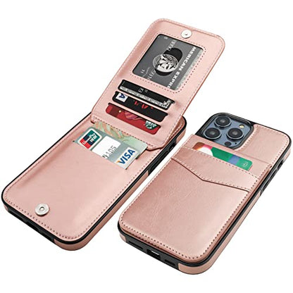KIHUWEY for iPhone 14 Pro Max Wallet Case Card Holder Kickstand, Rose Gold | Credit Card Slots, PU Leather, Magnetic Clasp, Flip Heavy Duty Protection Cover for Men and Women - color: Rose Gold