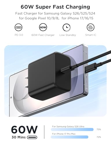 Essri 3Pack 60W Super Fast Charger for Samsung Galaxy S26 Ultra - color: Black, size: 3Pack 6+6+10Feet