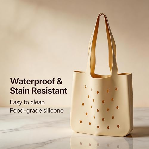 Silicone Beach Bag, Waterproof Large Tote Bag for Women, Charm Compatible Bag - color: Beige