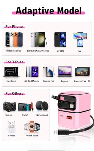 4-in-1 GaN 35W Retractable Wall Charger for iPhone, iPad, Samsung, Pink - color: Pink